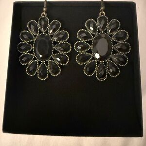 Black Floral Crystal Drop Earrings